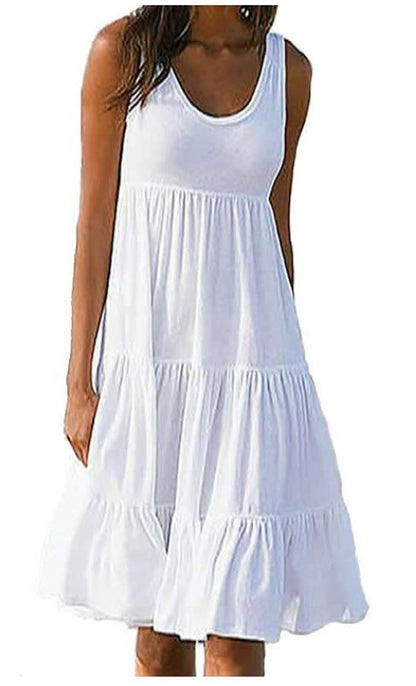 Women Fashion Casual Basic Solid Color U-Neck Sleeveless Loose Dress