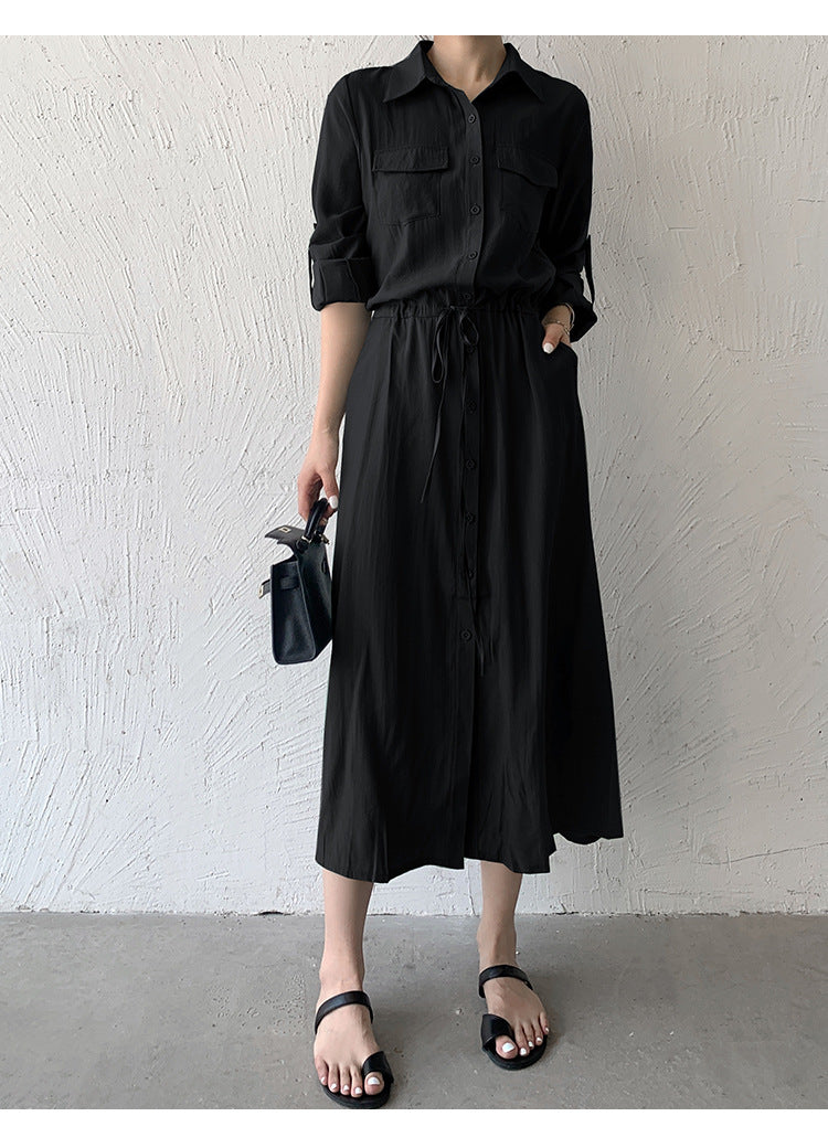 Women Fashion Minimalist Casual Solid Color Lapel Short-Sleeve Drawstring Pocket Single-Breasted Dress