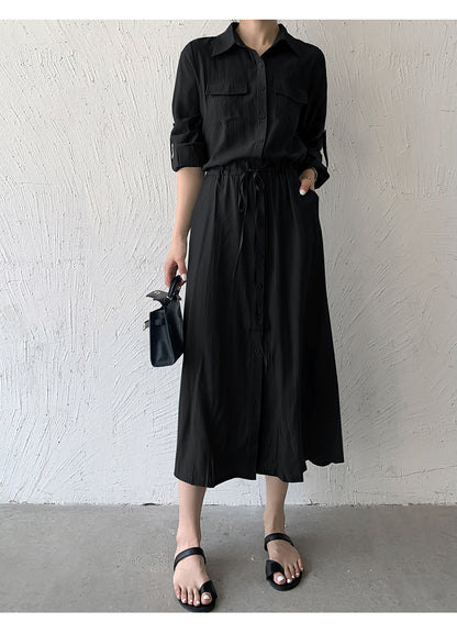 Women Fashion Minimalist Casual Solid Color Lapel Short-Sleeve Drawstring Pocket Single-Breasted Dress