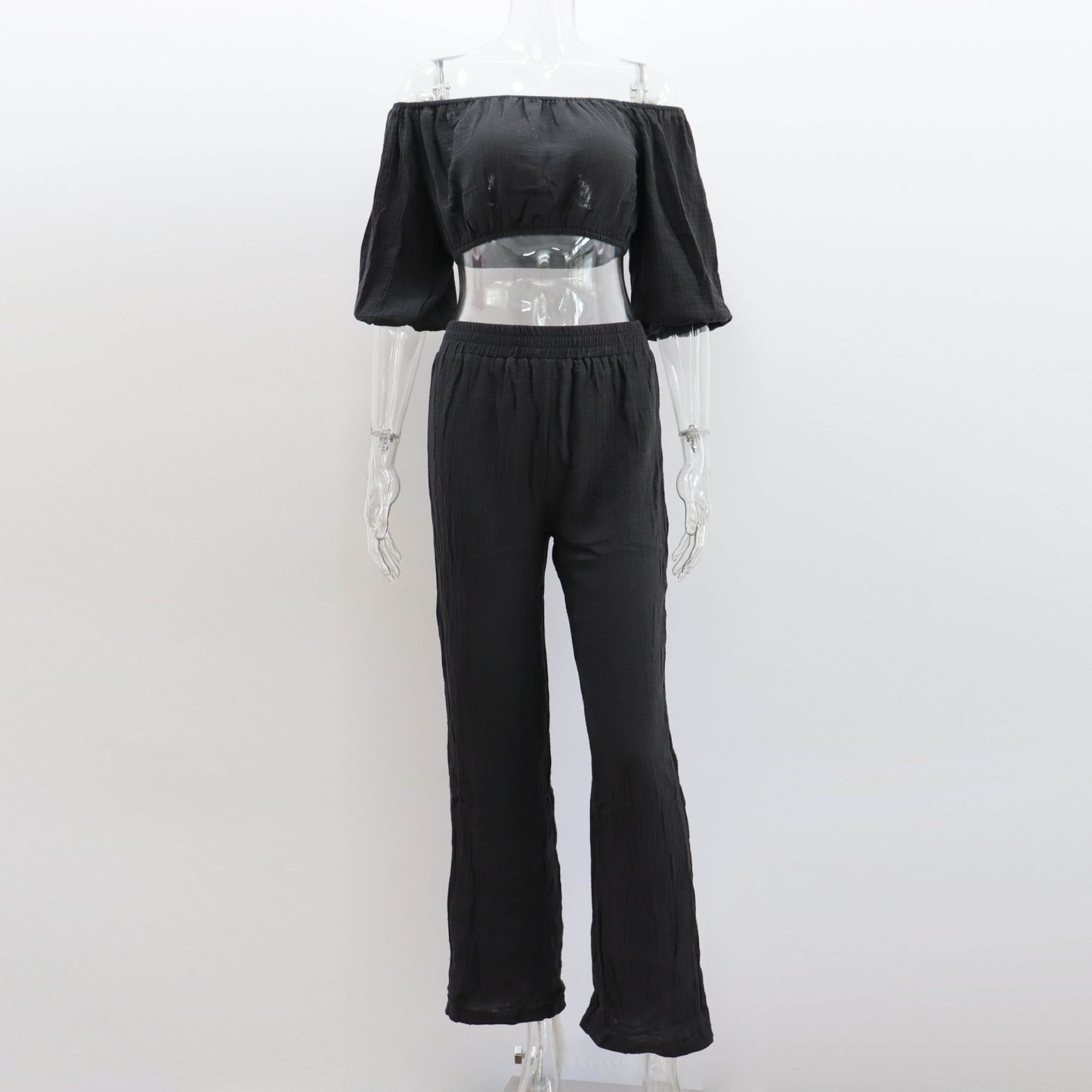 Women Solid Color Wrinkle Off-The-Shoulder Croptop And High Waist Wide-Leg Pants Casual Suit
