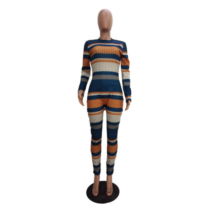 Women Fashion Casual Print Round Neck Long Sleeve Jumpsuit