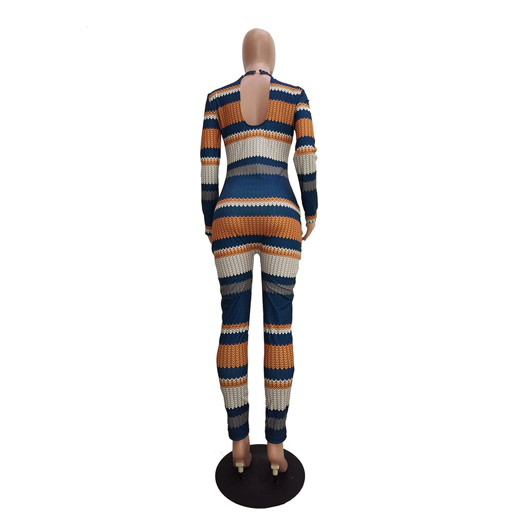 Women Fashion Casual Print Round Neck Long Sleeve Jumpsuit