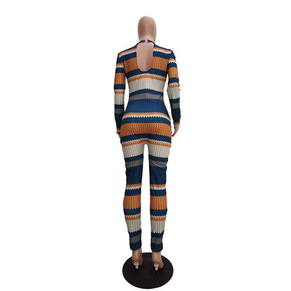 Women Fashion Casual Print Round Neck Long Sleeve Jumpsuit