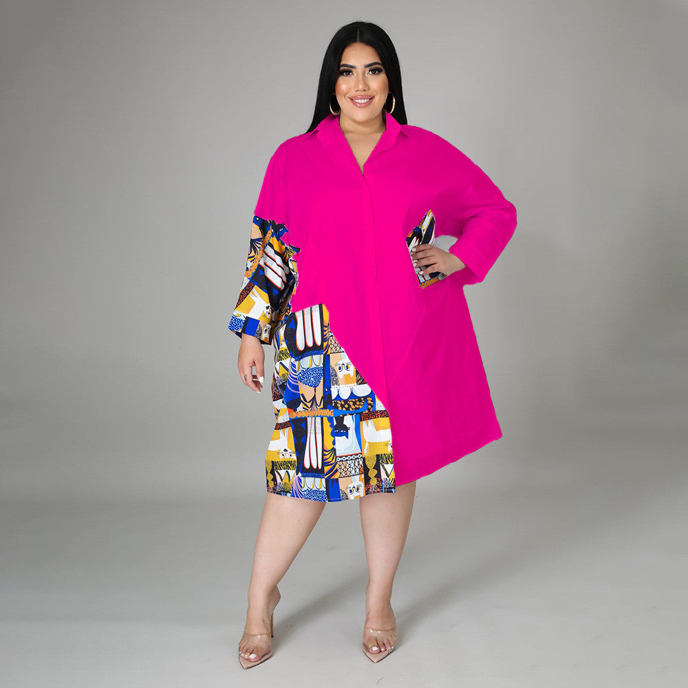 Plus Size Women Casual Elegant Color Blocking Patchwork Single-breasted Long Sleeves Office Shirt Dress