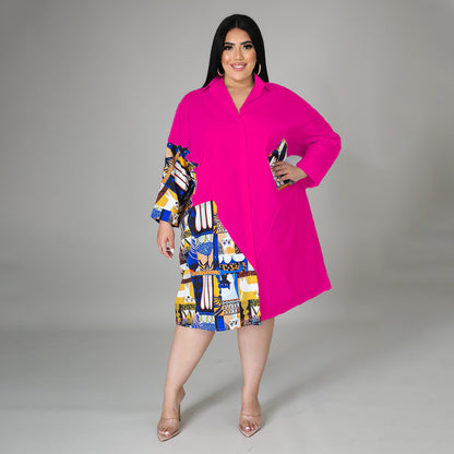 Plus Size Women Casual Elegant Color Blocking Patchwork Single-breasted Long Sleeves Office Shirt Dress