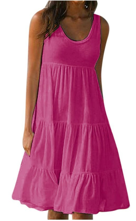 Women Fashion Casual Basic Solid Color U-Neck Sleeveless Loose Dress