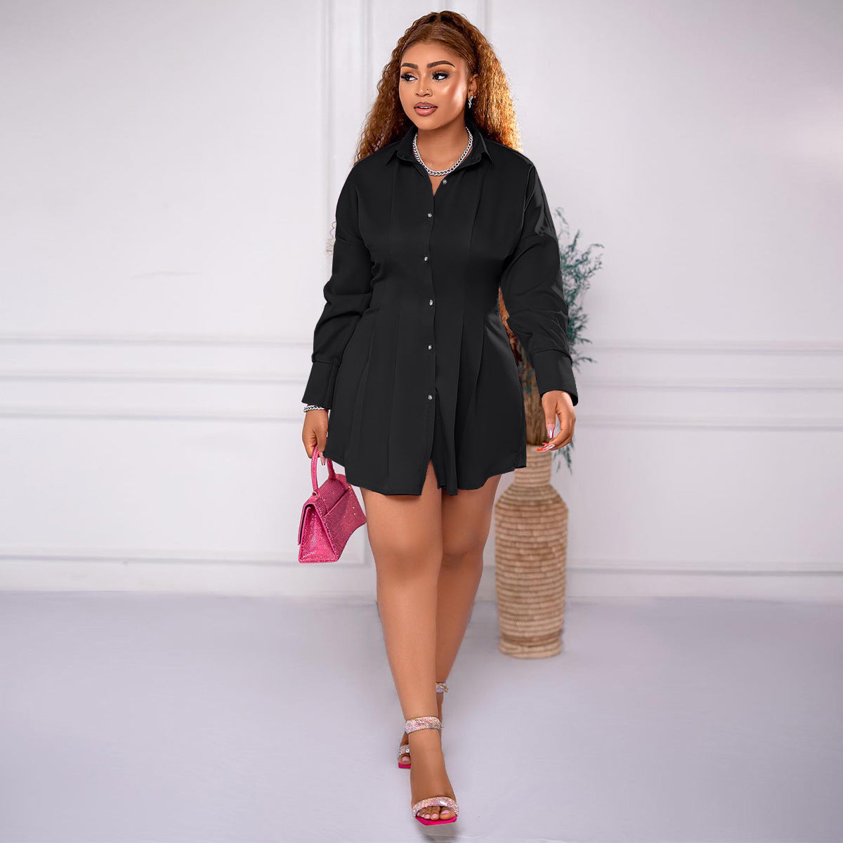 Vestido camisero ajustado de manga larga con solapa y color liso informal a la moda para mujer