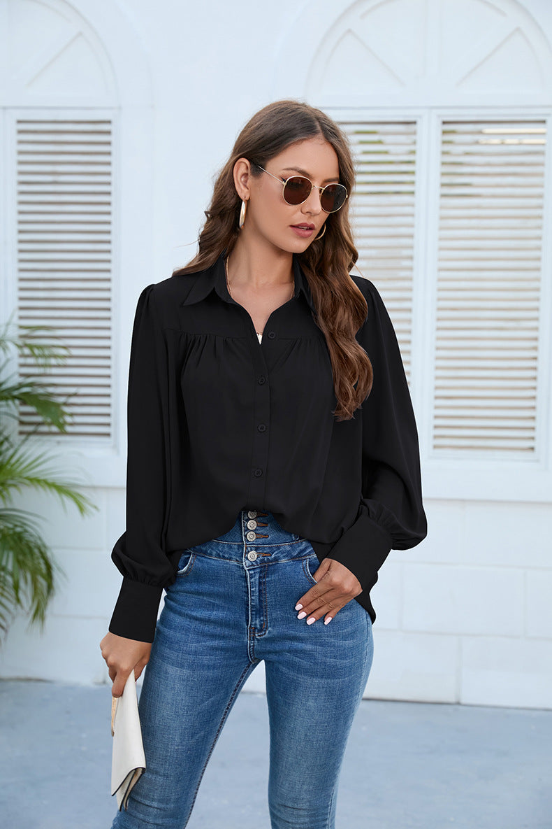 Blusa informal de gasa plisada de manga larga de color liso para mujer, talla grande