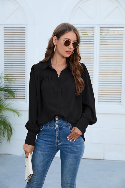 Blusa informal de gasa plisada de manga larga de color liso para mujer, talla grande