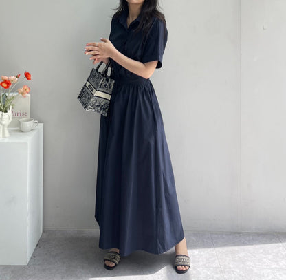 Women Casual Solid Color Loose Lasel Single-Breasted Long Shirt Dress