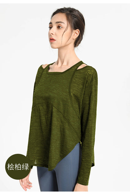 Top deportivo informal holgado de color liso con cuello redondo y manga larga para mujer