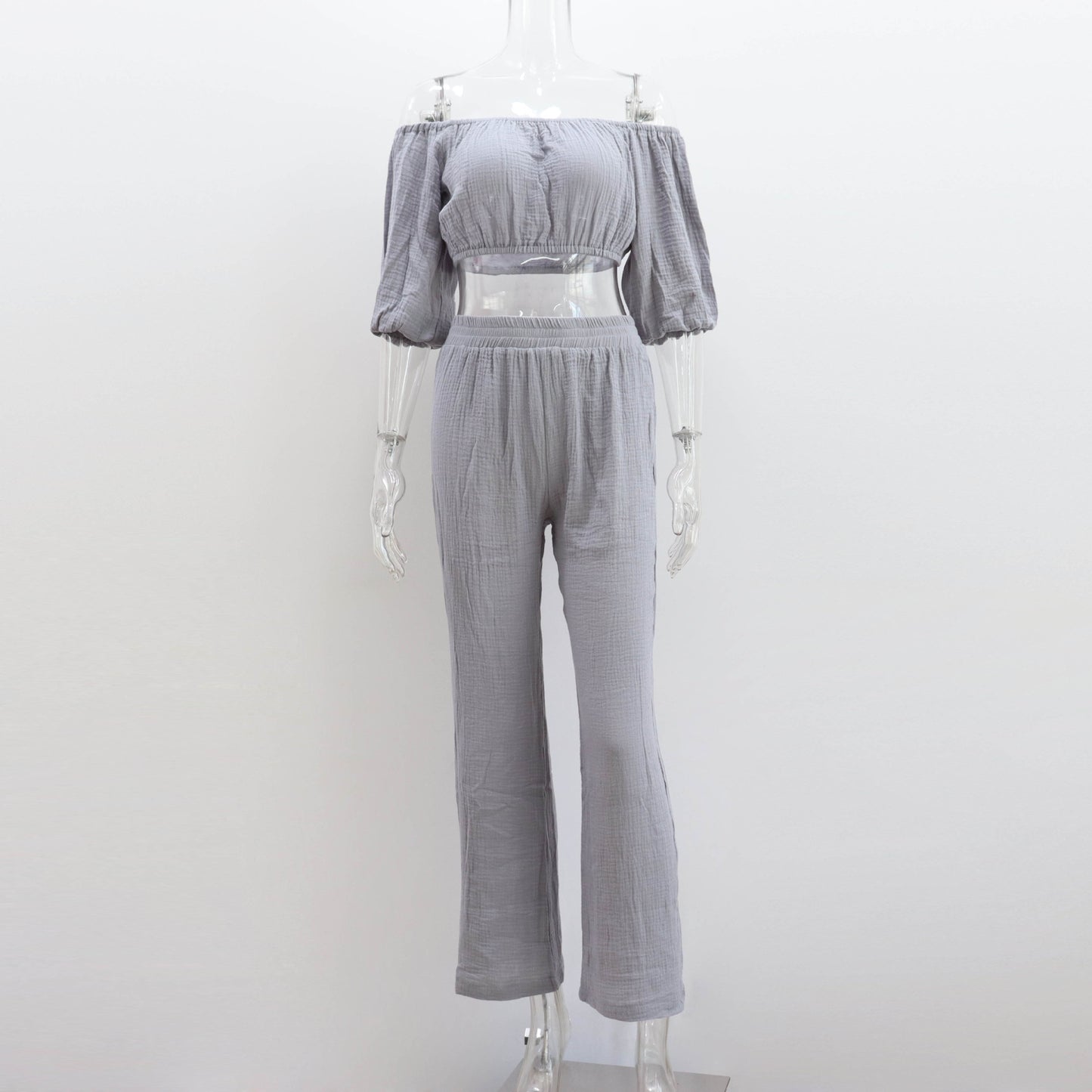Women Solid Color Wrinkle Off-The-Shoulder Croptop And High Waist Wide-Leg Pants Casual Suit