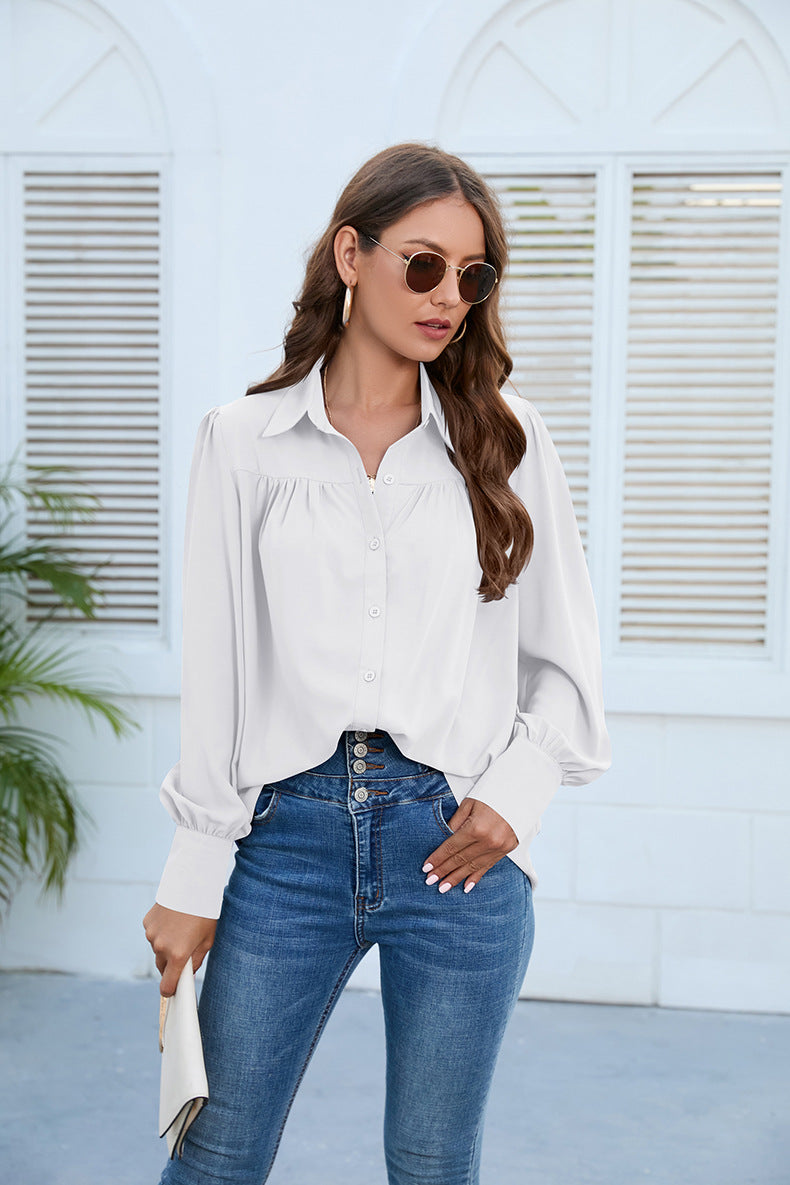 Blusa informal de gasa plisada de manga larga de color liso para mujer, talla grande