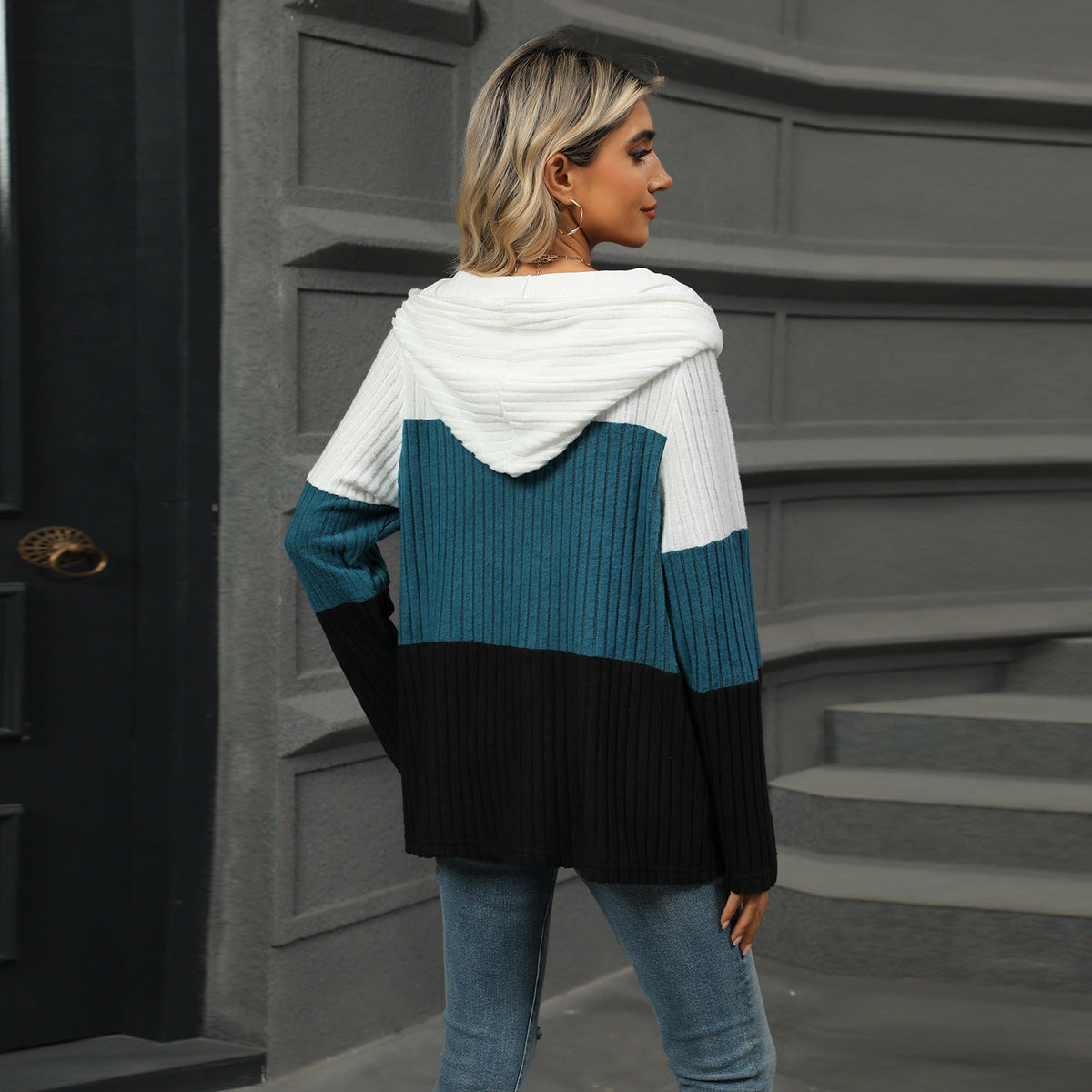 Sudadera con capucha de manga larga con cremallera y costuras de colores contrastantes, informal, holgada, a la moda para mujer