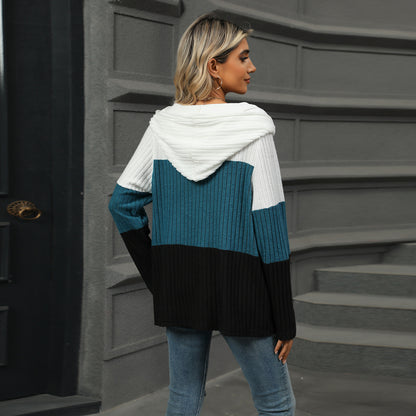 Sudadera con capucha de manga larga con cremallera y costuras de colores contrastantes, informal, holgada, a la moda para mujer