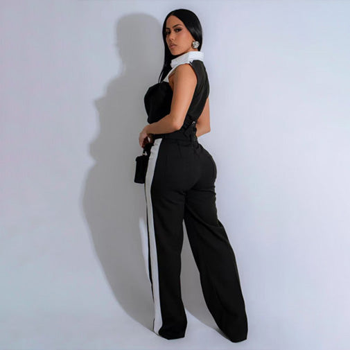 Conjunto de dos piezas de top corto sin mangas con solapa y pantalones ajustados con contraste de color para mujer