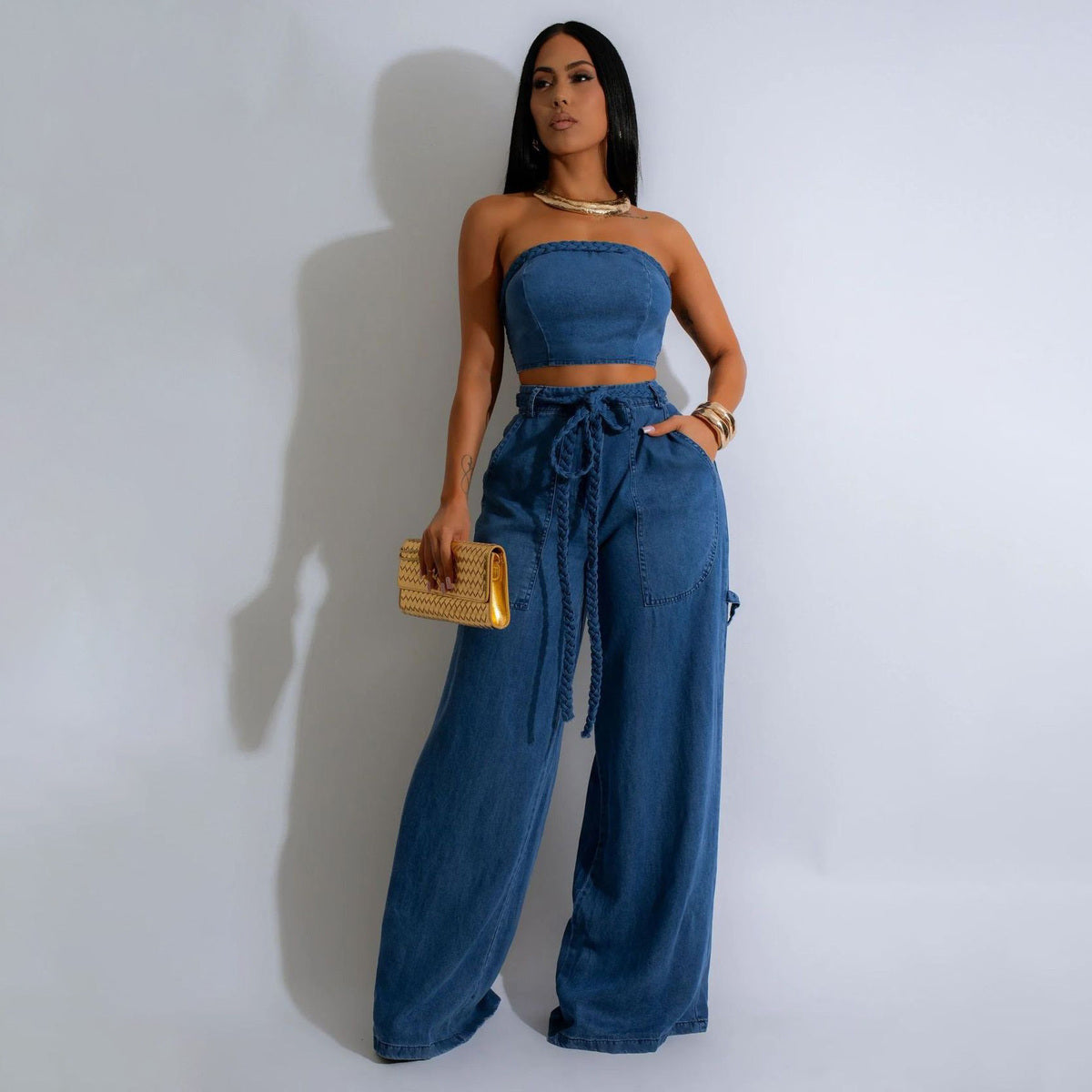 Conjunto de dos piezas de vaqueros de pierna ancha con cordones y top de tubo informal de moda para mujer