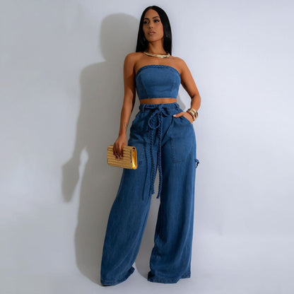 Conjunto de dos piezas de vaqueros de pierna ancha con cordones y top de tubo informal de moda para mujer