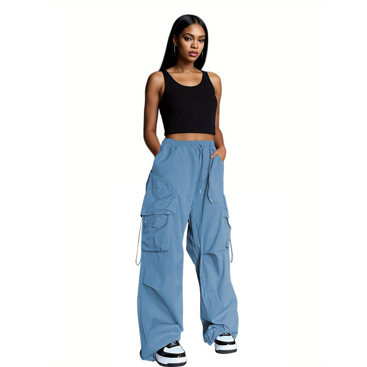 Women Fashion Casual Solid Color Multi-Pocket Drawstring Wide-Leg Pants