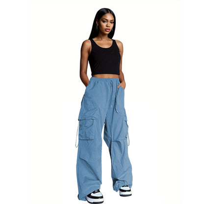 Women Fashion Casual Solid Color Multi-Pocket Drawstring Wide-Leg Pants