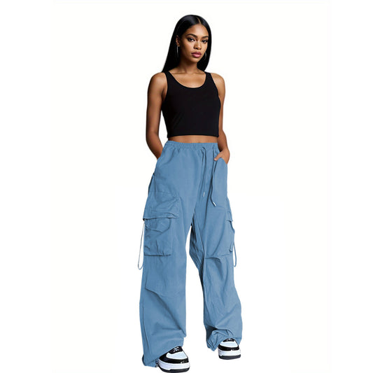 Women Fashion Casual Solid Color Multi-Pocket Drawstring Wide-Leg Pants