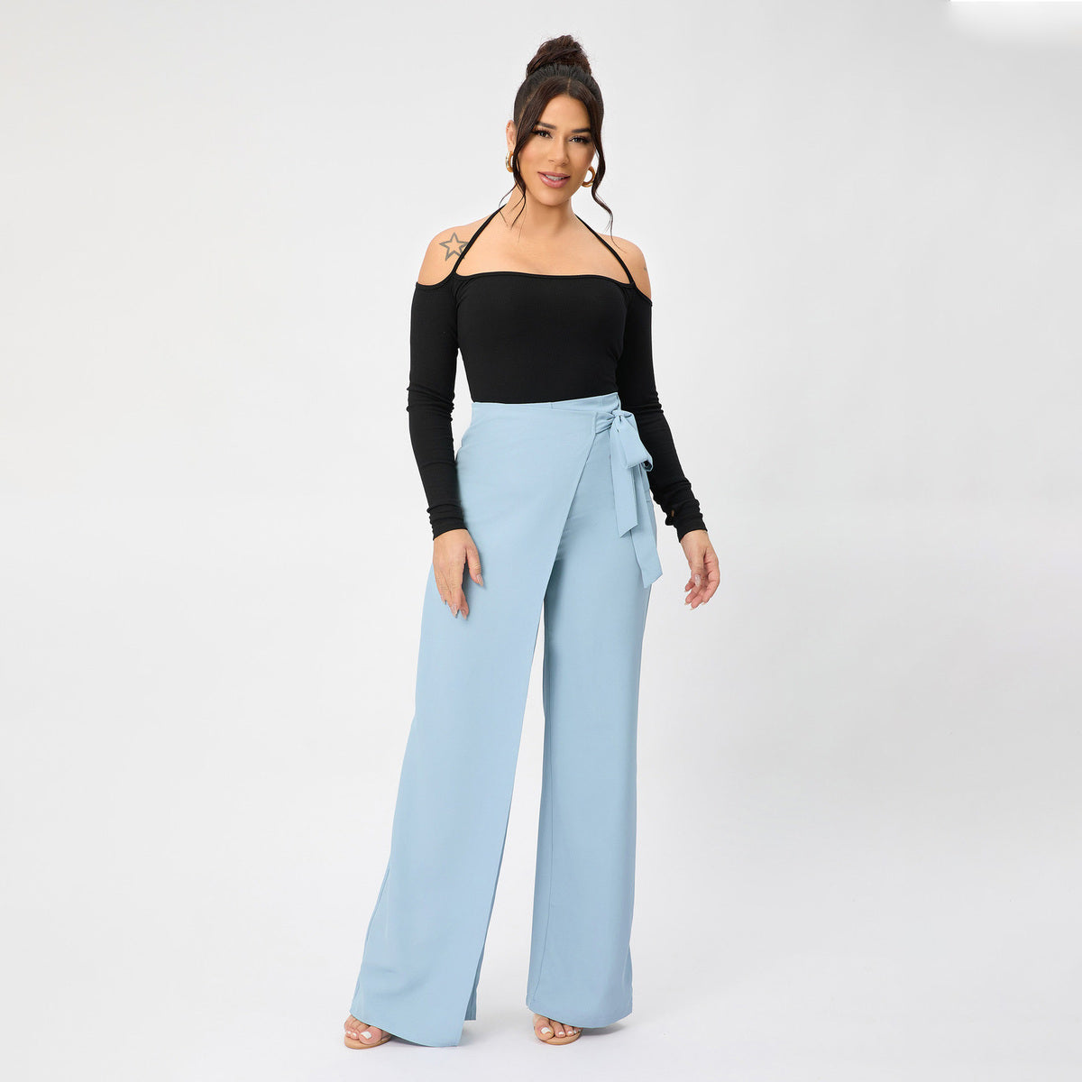 Women Fashion Casual Solid Color Lace-Up Wide Leg Pants