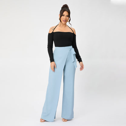 Women Fashion Casual Solid Color Lace-Up Wide Leg Pants