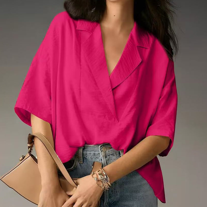 Women Fashion Casual Solid Color Lapel Short-Sleeve Loose Crop Top