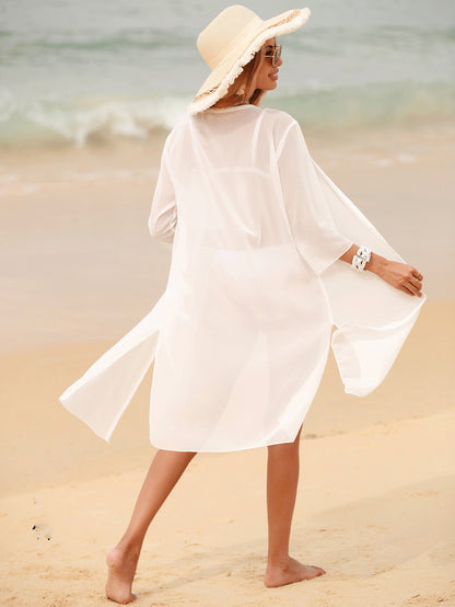 Traje de baño de playa de manga larga de gasa de color liso informal a la moda para mujer