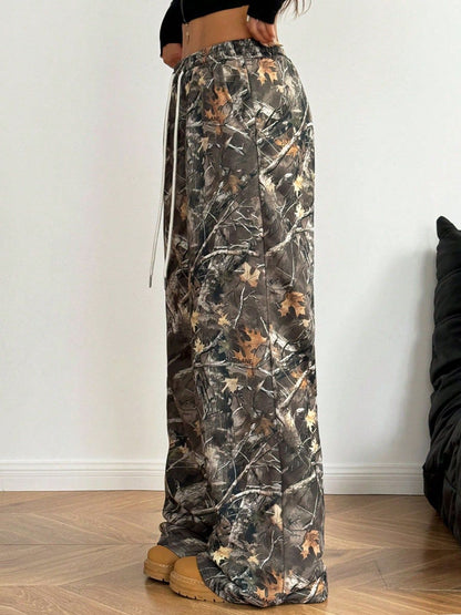 Women Fashion Casual Elastic Waist Camouflage Printed Wide Leg Pants