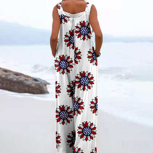 Women Fashion Casual Printed Sleeveless Wide-Leg Loose Jumpsuits