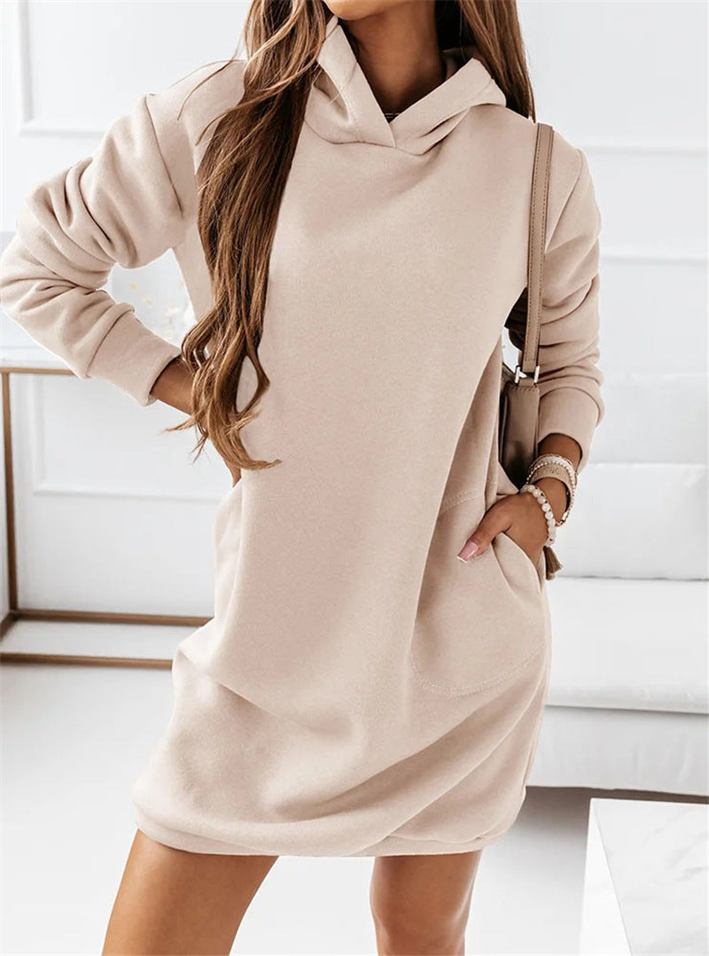 Women Casual Solid Color Long Sleeve Hooded Loose Dress