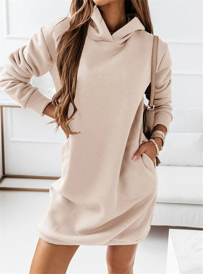 Women Casual Solid Color Long Sleeve Hooded Loose Dress