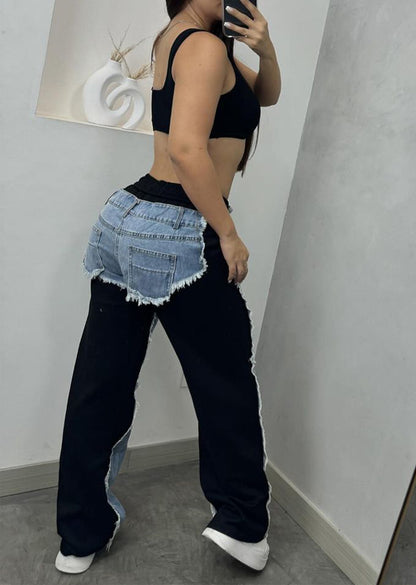 Women Fashion Casual Stitching Drawstring Jeans