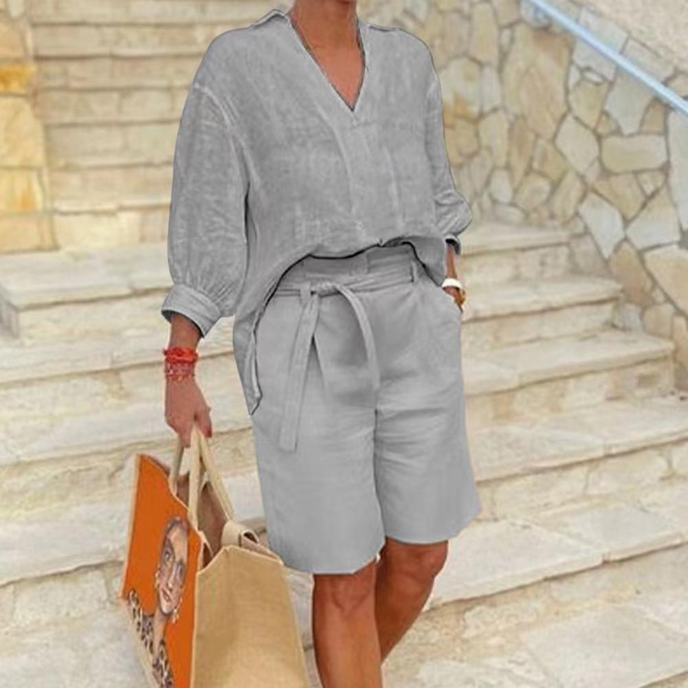 Conjunto de dos piezas para mujer, informal, de lino y algodón, holgado, con cuello en V, manga larga y pantalones cortos con cordones.