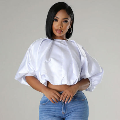 Women Fashion Casual Printed Round Neck Short-Sleeve Crop Top