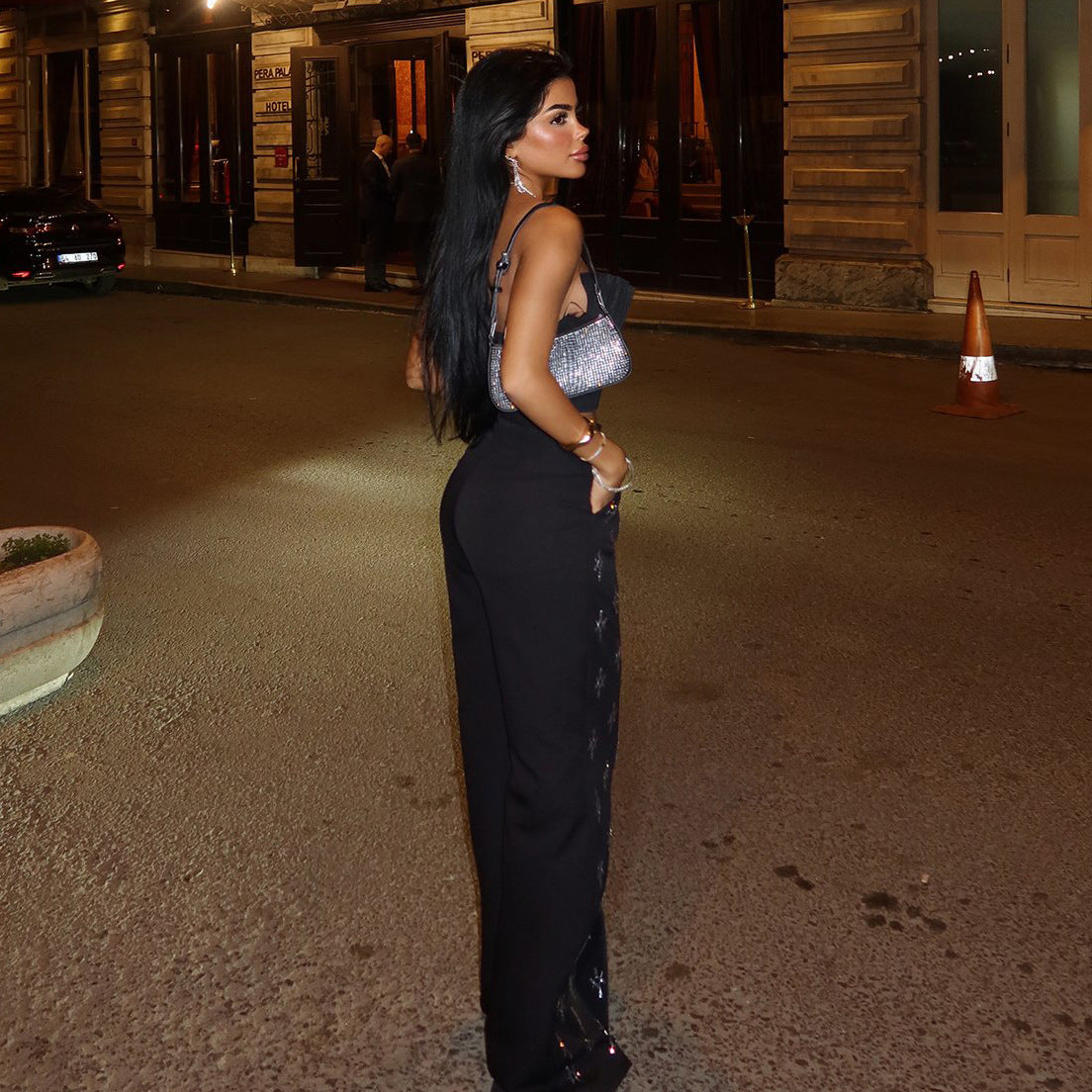 Women Fashion Casual Rhinestone Slim Fit Pants