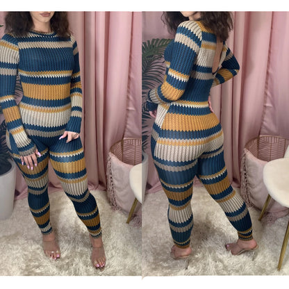 Women Fashion Casual Print Round Neck Long Sleeve Jumpsuit