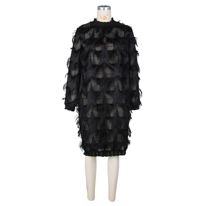 Women Fashion Casual Chiffon Tassel Threaded Lace Loose Dress