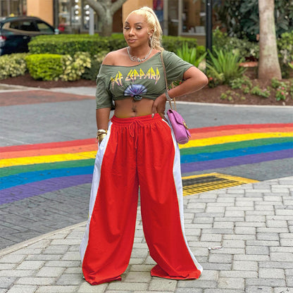 Women Fashion Casual Loose Contrast Color Stitching Wide Leg Pants