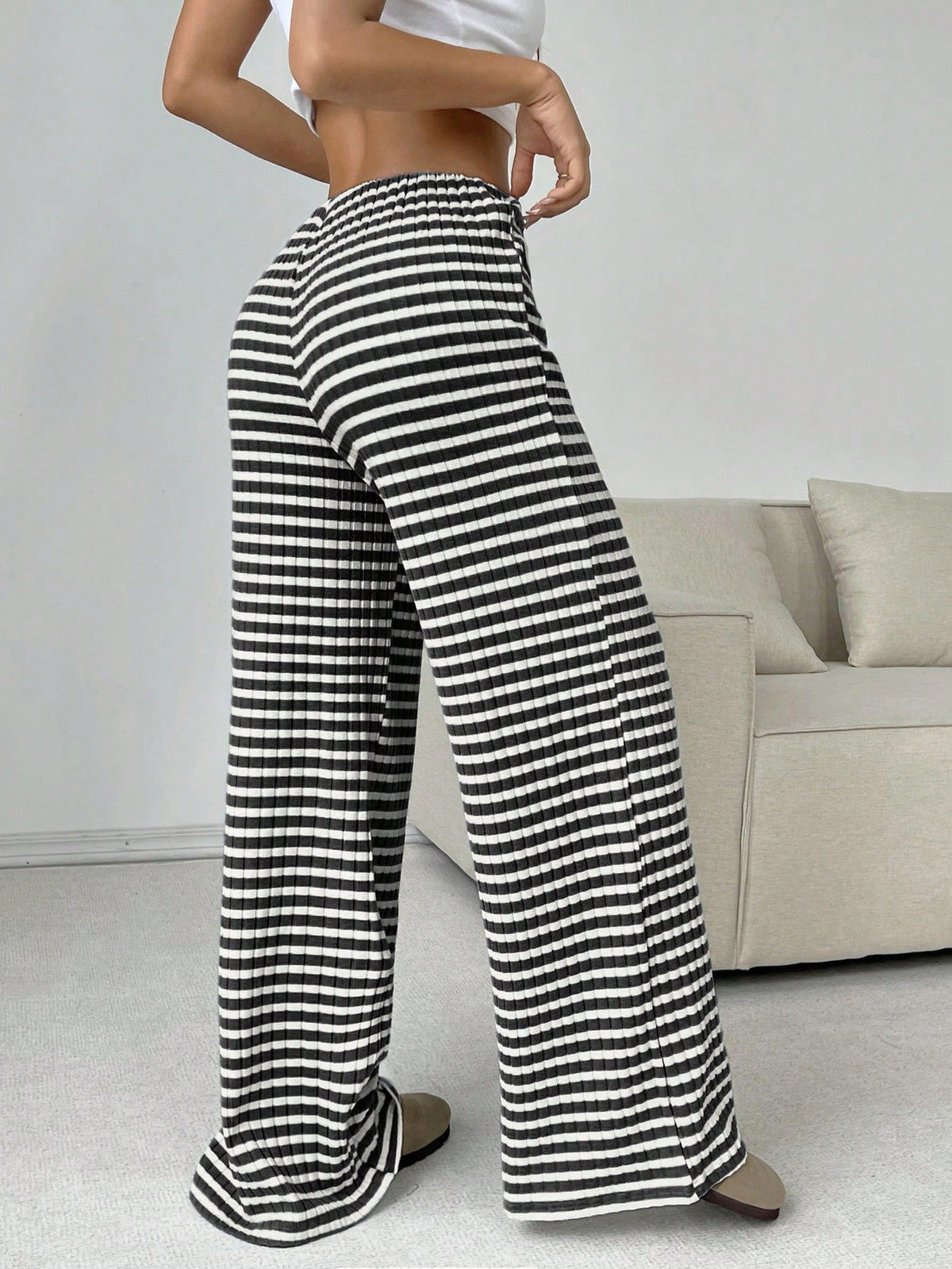 Women Casual Loose Stripe Solid Color Drawstring Pants