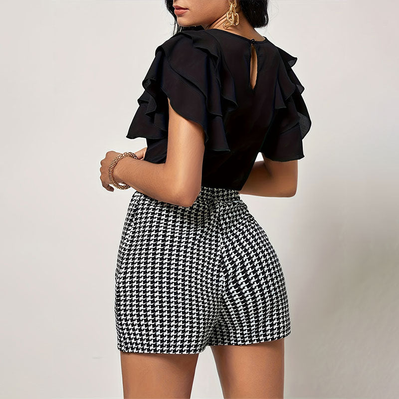 Women Fashion Casual Elegant Houndstooth Elastic Waist Button Shorts