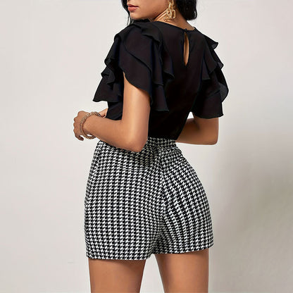 Women Fashion Casual Elegant Houndstooth Elastic Waist Button Shorts