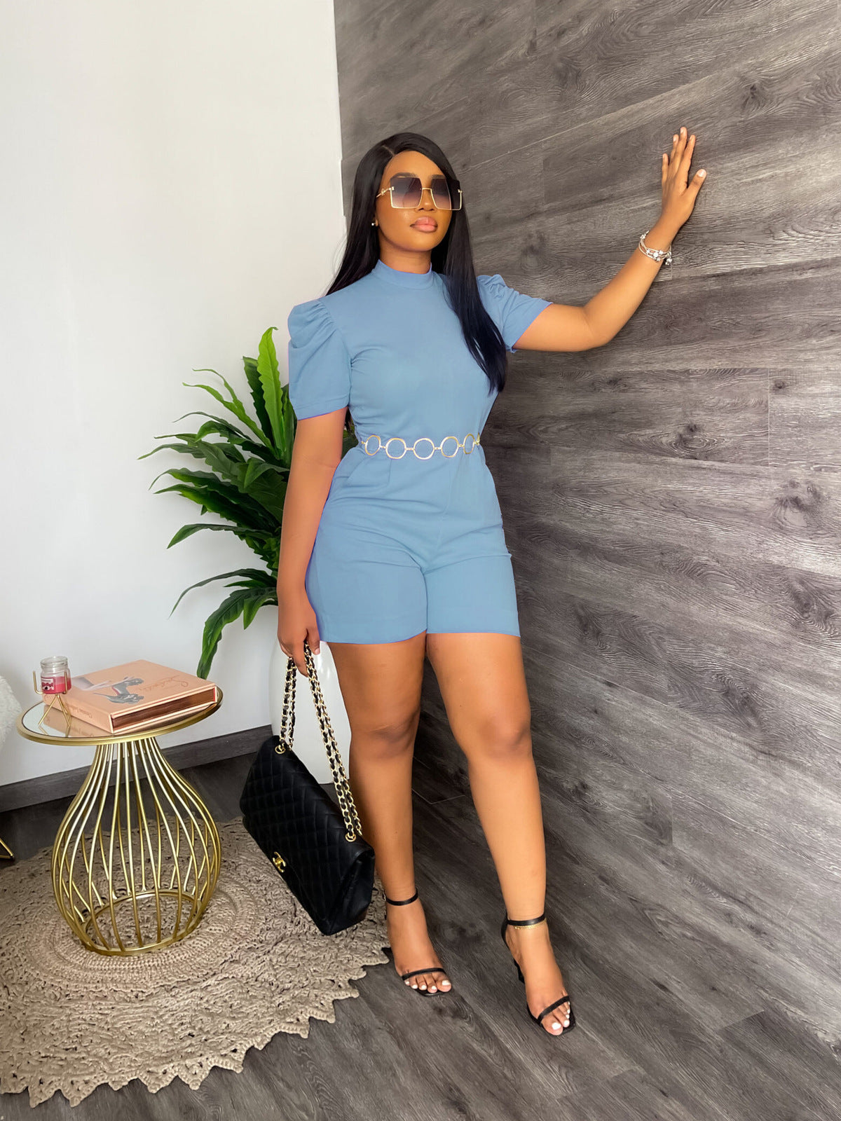 Women Fashion Casual Solid Color Round Neck Short-Sleeve Rompers