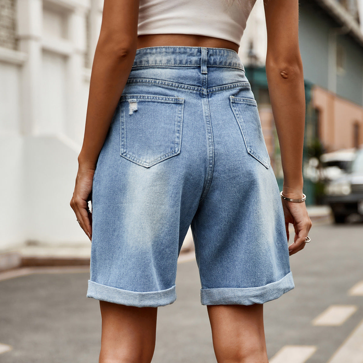 Women Casual Ripped Cropped Denim Shorts