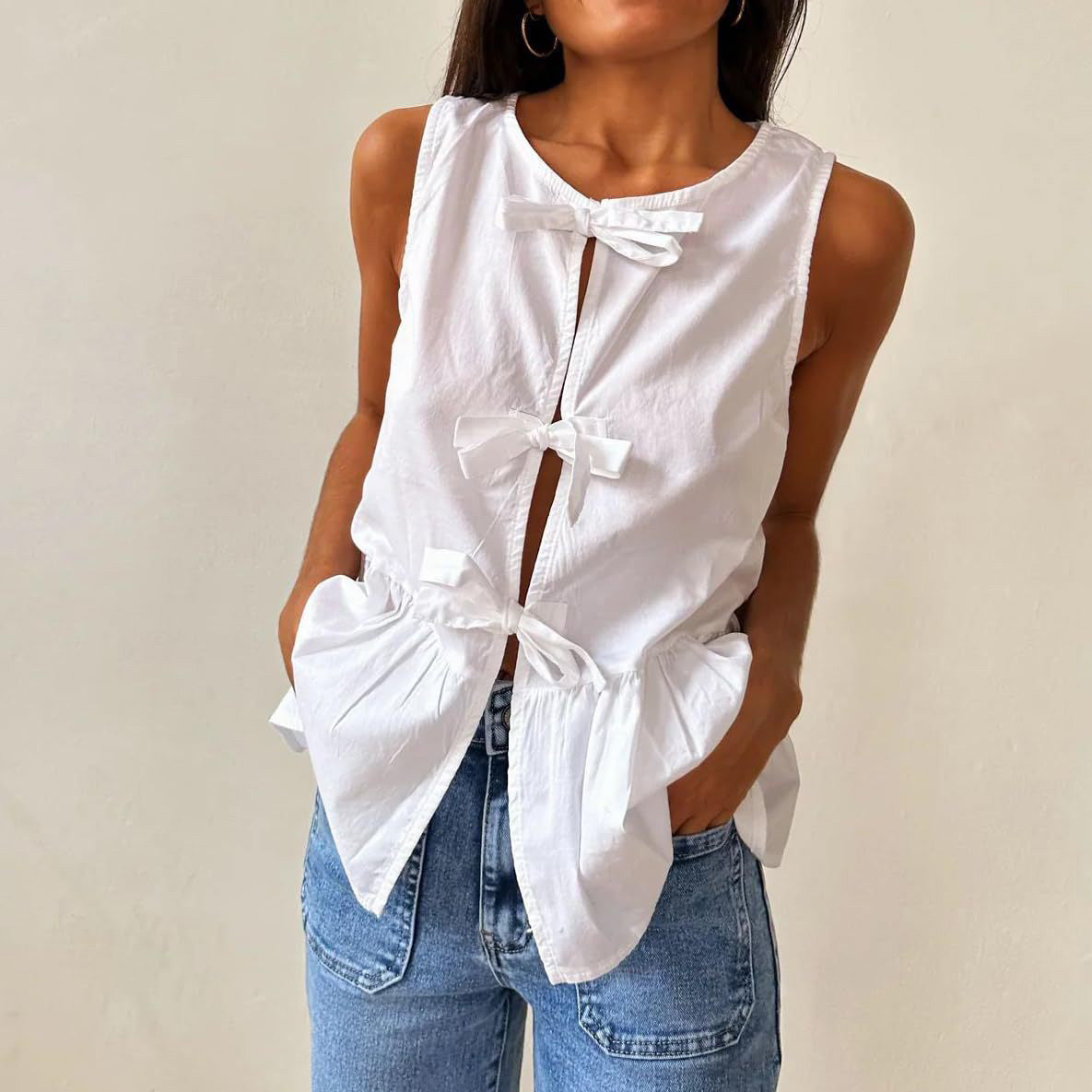 Women Casual Solid Color Cotton Bowknot Lace-Up Tank Top