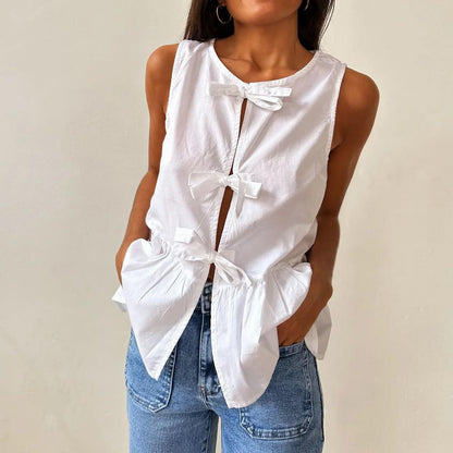 Women Casual Solid Color Cotton Bowknot Lace-Up Tank Top
