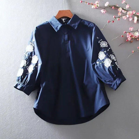 Blusa holgada informal con mangas farol y solapa bordada con flores para mujer