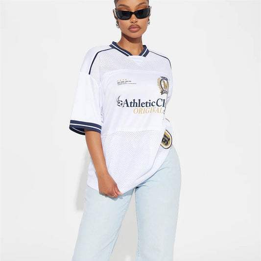 Women Fashion Casual Loose Letter Print Short Sleeve V-Neck Jersey T-Shirt