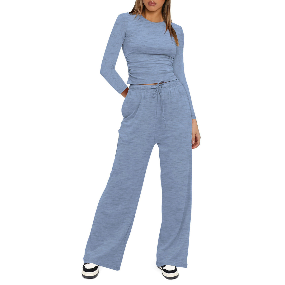 Conjunto de dos piezas formado por camiseta y pantalón de pierna ancha, cintura alta, color liso, informal, sencillo, para mujer